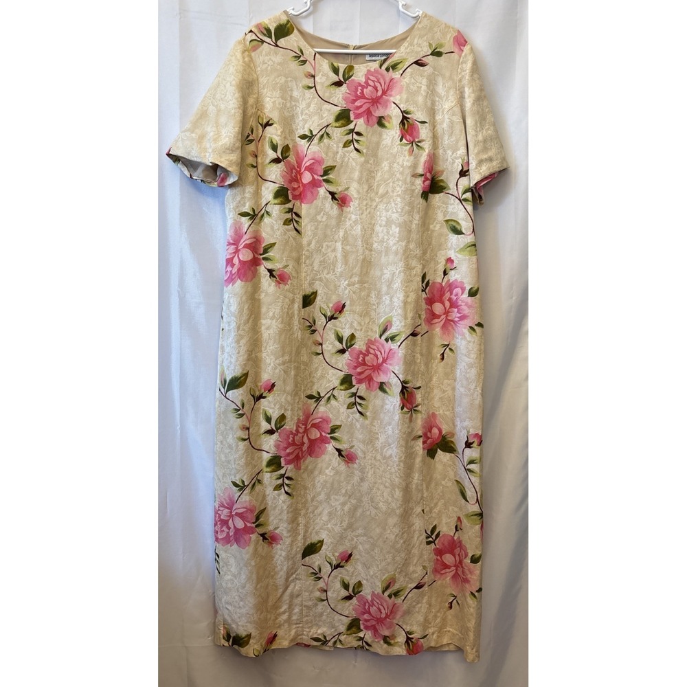 Jessica London Linen Midi Beige Floral Shift Dress Cottagecore‎ Grandmacore L